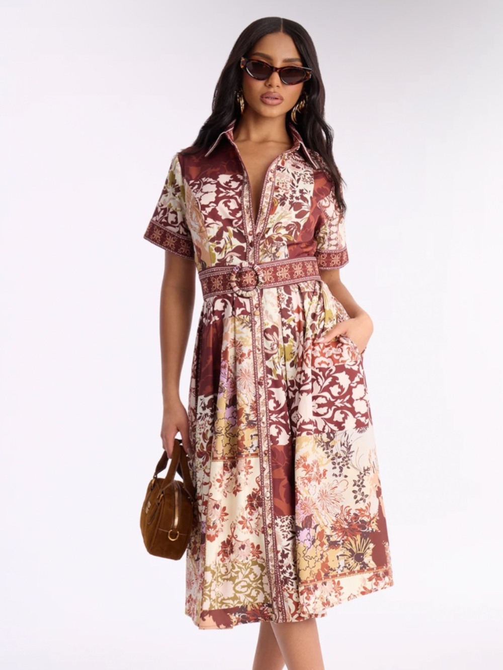 Freya Belted Midi Dress - Burgundy/combo